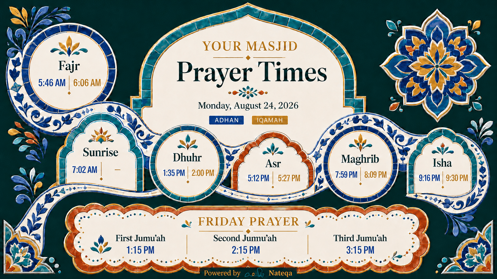 Mexico-inspired Nateqa Prayer Times display personalized for your masjid, with three Jumu’ah services