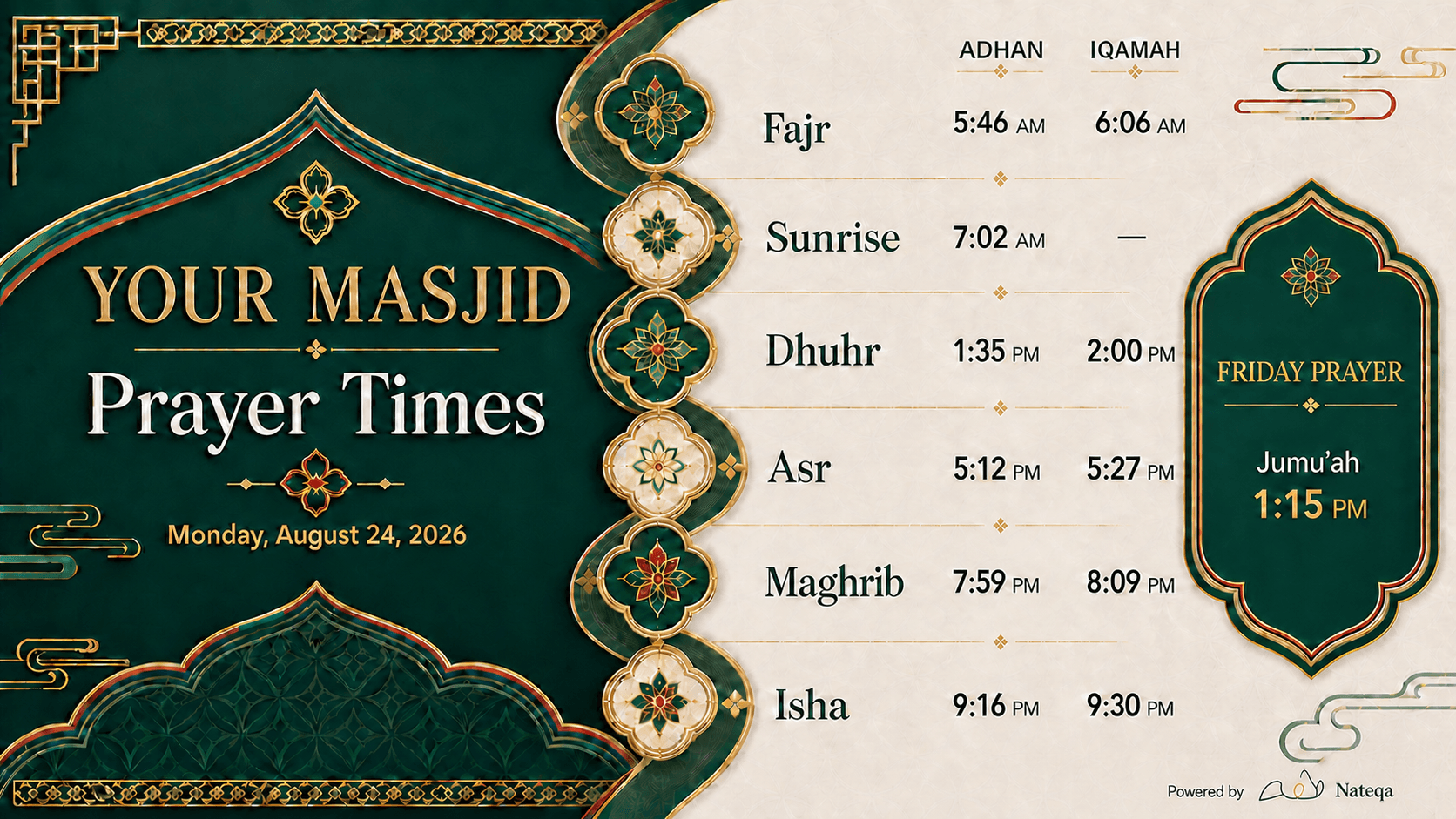 Muslim China-inspired Nateqa Prayer Times display personalized for your masjid, with Adhan, Iqamah, and Friday prayer times