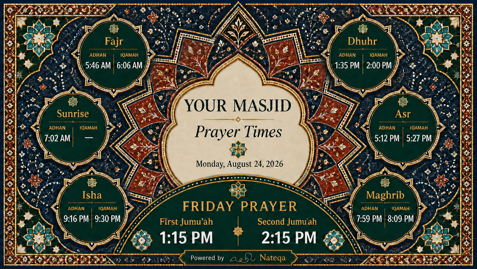 Sindh-inspired Nateqa Prayer Times display personalized for your masjid, with Adhan, Iqamah, and Jumu’ah times